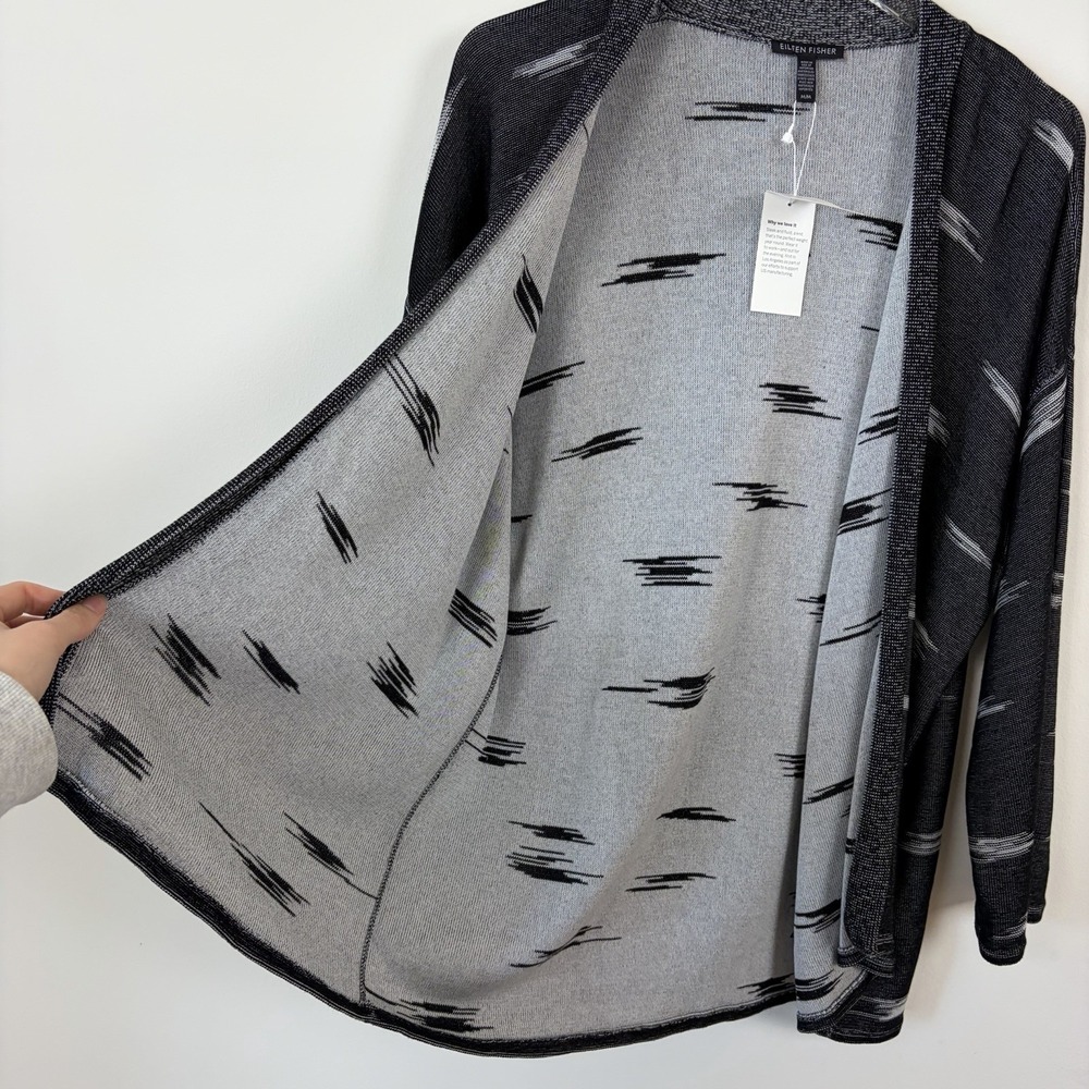 Eileen Fisher Black Kimono Cardigan Medium Open Sweater Pattern Office Knit - Picture 9 of 11